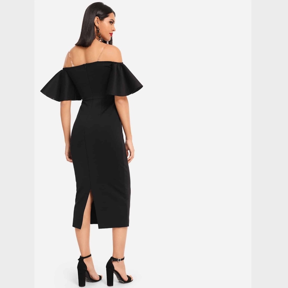 Off Shoulder Ruffle Detail Pencil Black Midi Dress - Picture 3 of 6